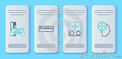 Set line Video game console, Portable video, Game with joystick and Head hunting concept icon. Vector Stock Photo