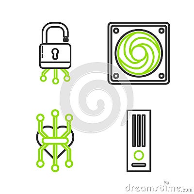 Set line Video game console, Processor, Computer cooler and Lock digital circuit board icon. Vector Stock Photo