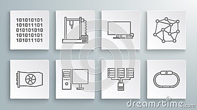 Set line Video graphic card, 3D printer, Computer monitor, Server, Data, Web Hosting, Smartwatch, Tv, Neural network and Vector Illustration