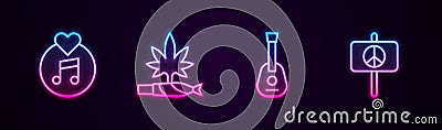 Set line Vinyl disk, Marijuana joint, spliff, Guitar and Peace. Glowing neon icon. Vector Vector Illustration