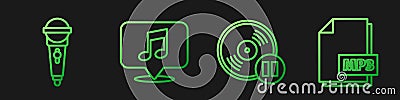 Set line Vinyl disk, Microphone, Musical note in speech bubble and MP3 file document. Gradient color icons. Vector Vector Illustration