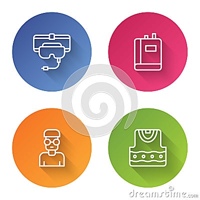 Set line Virtual reality glasses, Book, Nerd geek and Waistcoat. Color circle button. Vector Vector Illustration