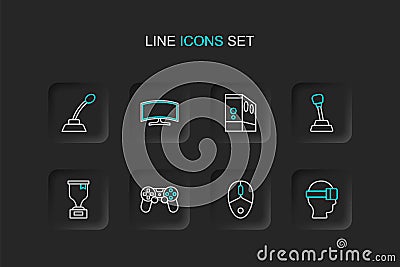 Set line Virtual reality glasses, Computer mouse, Game controller or joystick, Award cup, Gear shifter, Case of computer Vector Illustration