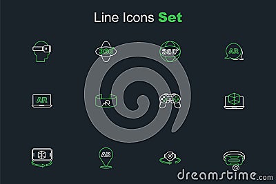 Set line Virtual reality glasses, 360 degree view, Augmented AR, 3d modeling, Gamepad, and icon. Vector Vector Illustration