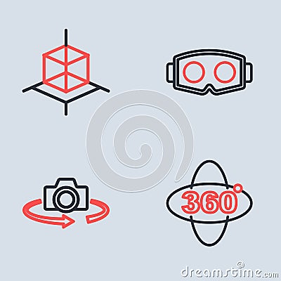 Set line Virtual reality glasses, 360 degree view, and 3d modeling icon. Vector Vector Illustration