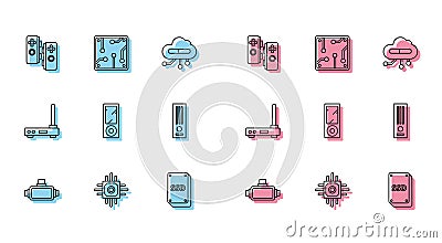 Set line Virtual reality glasses, Processor, Gamepad, SSD card, Music player, Video game console, Router and wi-fi Stock Photo
