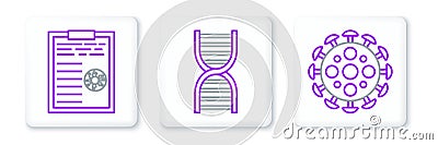 Set line Virus, Clipboard with blood test results and DNA symbol icon. Vector Vector Illustration