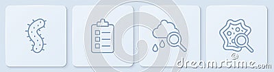 Set line Virus, Cloud with rain, To do list or planning and Microorganisms under magnifier. White square button. Vector Vector Illustration