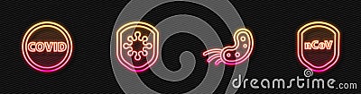 Set line Virus, Corona virus covid-19, Shield protecting from and . Glowing neon icon. Vector Vector Illustration