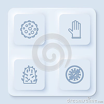 Set line Virus, Medical rubber gloves, Rabies virus and Stop. White square button. Vector Vector Illustration