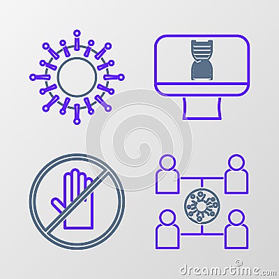 Set line Virus spread, No handshake, DNA spiral computer and icon. Vector Stock Photo