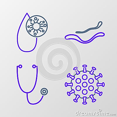 Set line Virus, Stethoscope, Ebola virus disease and Blood test and icon. Vector Vector Illustration