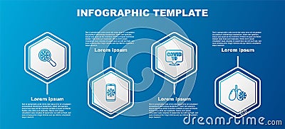 Set line Virus under magnifying glass, statistics on mobile, Corona virus location and cells lung. Business infographic Vector Illustration