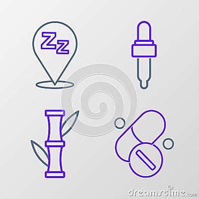 Set line Vitamin pill, Bamboo, Pipette with oil and Sleepy icon. Vector Stock Photo