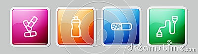 Set line Vitamin pill, Fitness shaker, and Chest expander. Colorful square button. Vector Stock Photo