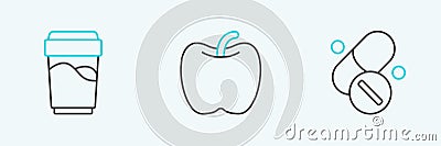 Set line Vitamin pill, Glass with water and Apple icon. Vector Stock Photo