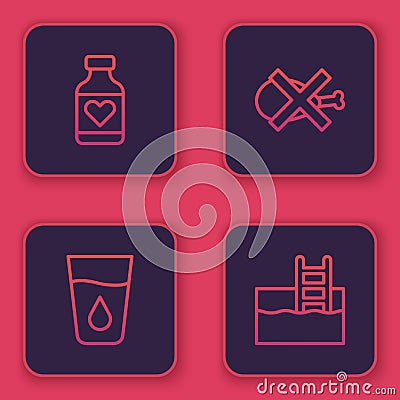 Set line Vitamin pill, Glass with water, No meat and Swimming pool ladder. Blue square button. Vector Stock Photo