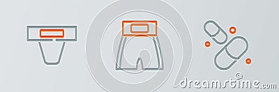 Set line Vitamin pill, Groin guard and Boxing short icon. Vector Stock Photo