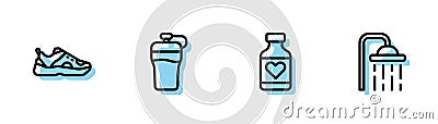 Set line Vitamin pill, Sport sneakers, Fitness shaker and Shower head icon. Vector Vector Illustration