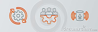Set line Voice assistant, Gear and arrows workflow and Project team base icon. Vector Stock Photo