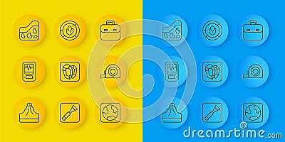 Set line Volcano, Seismograph, Gem stone, Earth globe, Roulette construction, Ground, Briefcase and Soil analysis icon Vector Illustration