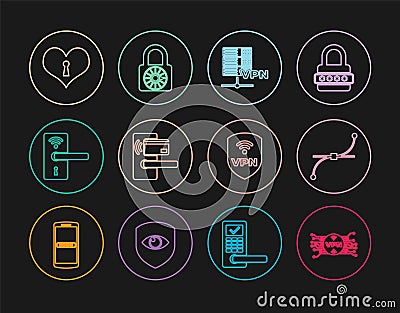 Set line VPN with microchip circuit, Bezier curve, Server, Digital door lock wireless, Heart keyhole, Shield and Safe Stock Photo