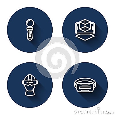 Set line VR controller game, 3d modeling, Virtual reality glasses and with long shadow. Blue circle button. Vector Vector Illustration