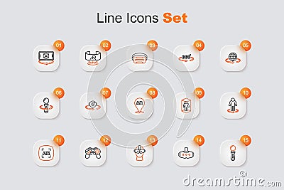 Set line VR controller game, Virtual reality glasses, Gamepad, Augmented AR, 3d modeling, and icon. Vector Vector Illustration