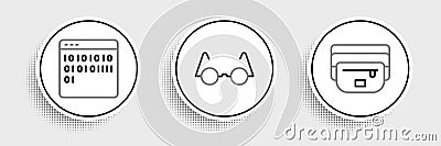 Set line Waist bag of banana, Binary code and Eyeglasses icon. Vector Vector Illustration