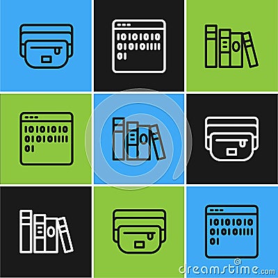 Set line Waist bag of banana, Book and Binary code icon. Vector Stock Photo