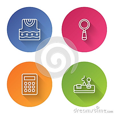 Set line Waistcoat, Magnifying glass, Calculator and Gamepad. Color circle button. Vector Vector Illustration