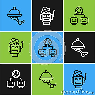 Set line Waiter robot, Artificial intelligence and Robot icon. Vector Vector Illustration
