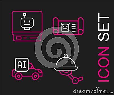 Set line Waiter robot, Autonomous smart car, Robot blueprint and icon. Vector Stock Photo