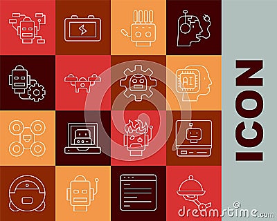 Set line Waiter robot, Robot, Humanoid, Mechanical hand, Drone, setting, and icon. Vector Vector Illustration