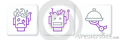 Set line Waiter robot, Robot burned out and Broken icon. Vector Vector Illustration