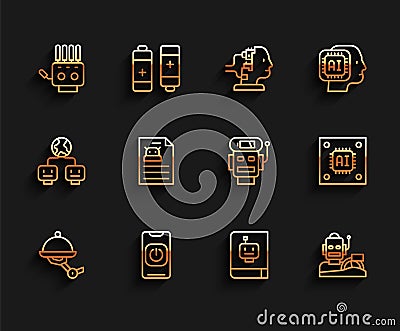 Set line Waiter robot, Turn off from phone, Mechanical hand, User manual, Robot humanoid driving car, Technical Vector Illustration