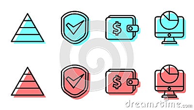 Set line Wallet with dollar, Pyramid chart infographics, Shield with check mark and Computer monitor with graph chart Vector Illustration