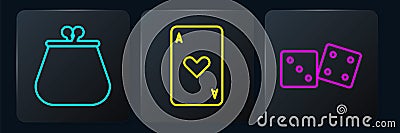Set line Wallet, Game dice and Playing card with heart. Black square button. Vector Vector Illustration