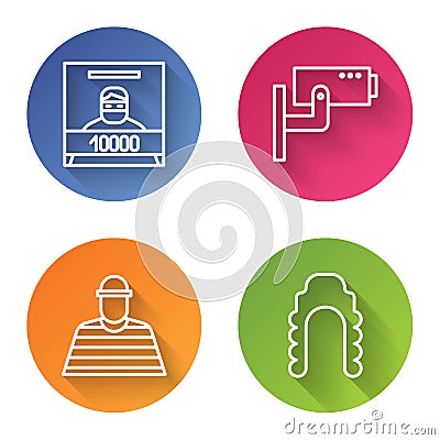 Set line Wanted poster, Security camera, Prisoner and Judge wig. Color circle button. Vector Stock Photo