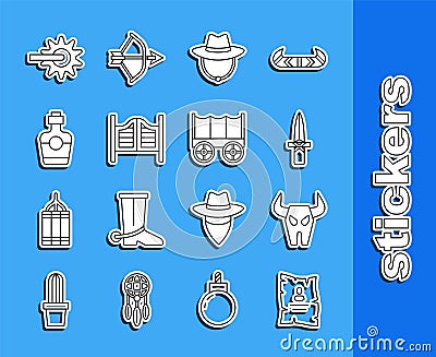 Set line Wanted western poster, Buffalo skull, Dagger, Western cowboy hat, Saloon door, Tequila bottle, Spur and Wild Stock Photo