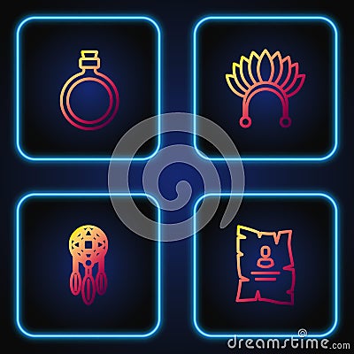 Set line Wanted western poster, Dream catcher with feathers, Canteen water bottle and Indian headdress. Gradient color Vector Illustration