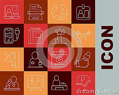 Set line War journalist, Journalist news, Drone, World, News, Mobile recording, and Antenna icon. Vector Vector Illustration