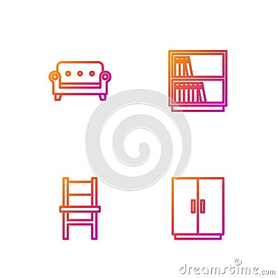 Set line Wardrobe, Chair, Sofa and Library bookshelf. Gradient color icons. Vector Vector Illustration