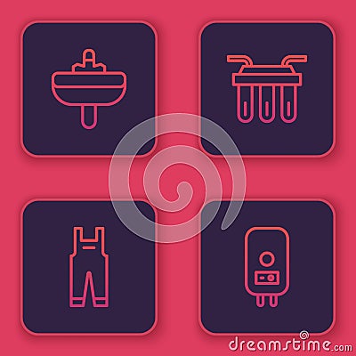 Set line Washbasin, Work overalls, Water filter and Electric boiler. Blue square button. Vector Stock Photo