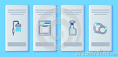 Set line Washer, Cleaning spray bottle with detergent liquid, Shower head water drops flowing and Washing dishes icon Vector Illustration