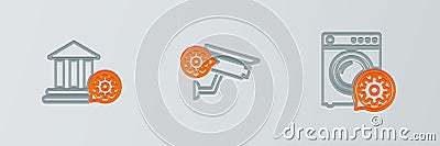 Set line Washer setting, Bank building and Security camera icon. Vector Vector Illustration