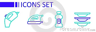 Set line Washing dishes, Bottle for detergent, Electric iron and Portable vacuum cleaner icon. Vector Stock Photo