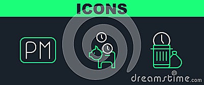 Set line Waste of time, Day and Piggy bank with coin icon. Vector Stock Photo