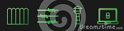 Set line Watch tower, Garden fence wooden, Barbed wire and Laptop and lock. Gradient color icons. Vector Vector Illustration