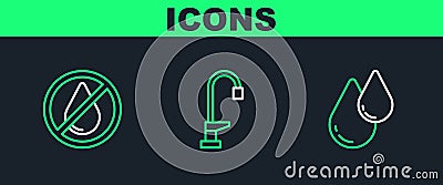 Set line Water drop, forbidden and tap icon. Vector Vector Illustration